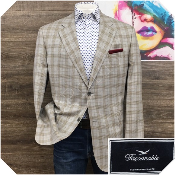 FACONNABLE Mens Blazer Sport Coat Casual Jacket Size 46L Two‎ Button Wool Suit - Picture 1 of 12